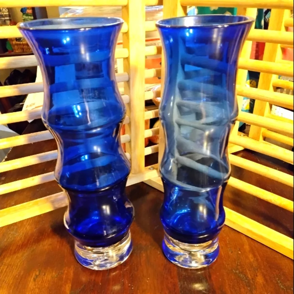 2 ASEDA Sweden Cobalt Blue Glass Vases Bamboo & Wave Bubble Bo Borgstrom MCM